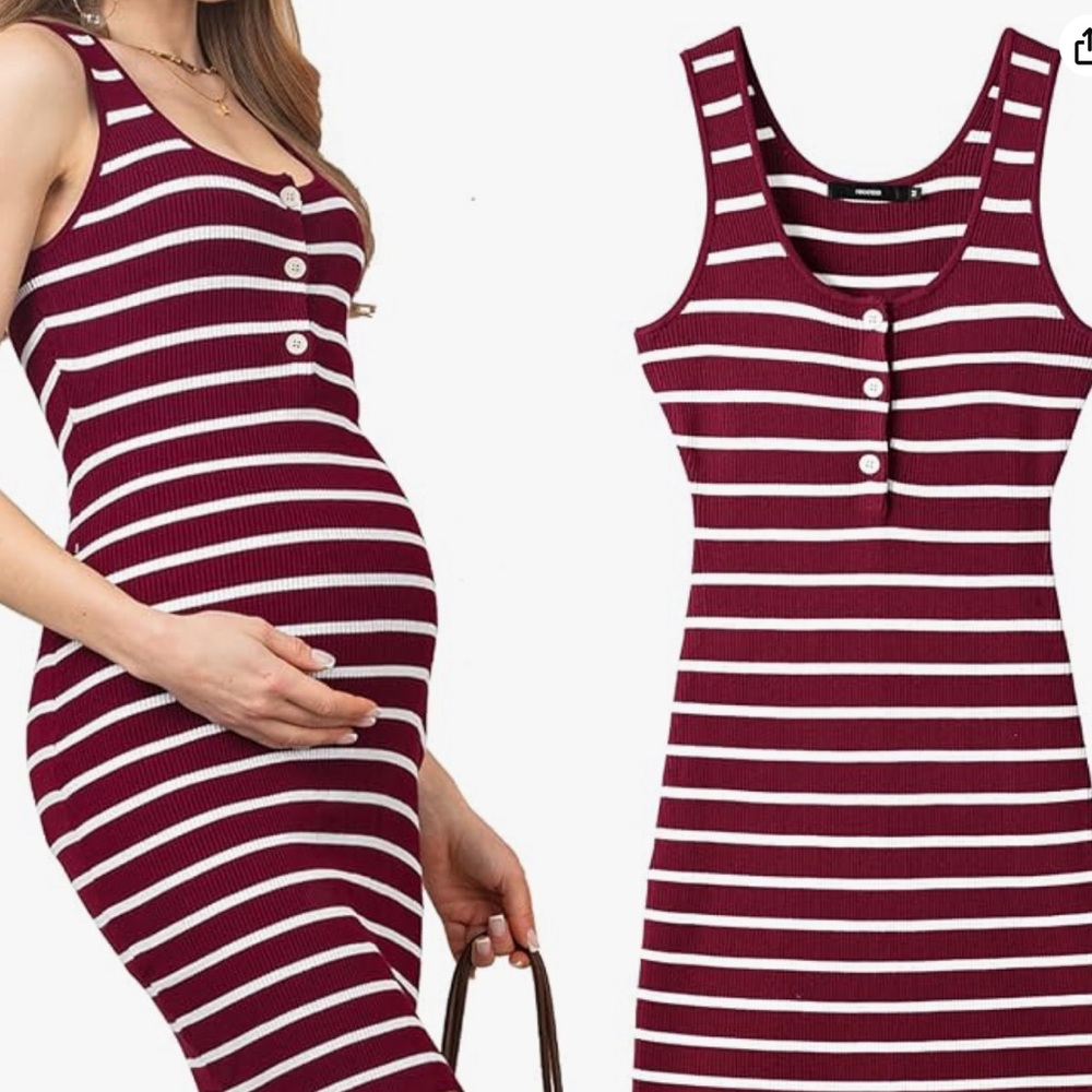 Burgundy and White Striped Maternity Midi Dress